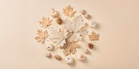 Autumn decor composition featuring neutral leaves and small pumpkins arranged artistically on a light background