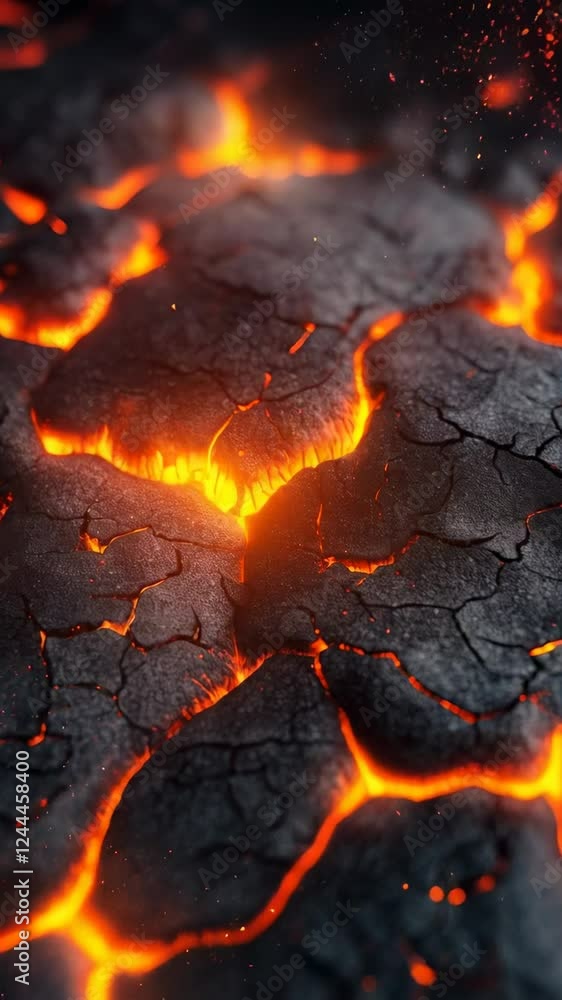 Poster orange lava is flowing through cracks in a dry, cracked earth surface, creating a dramatic and fiery