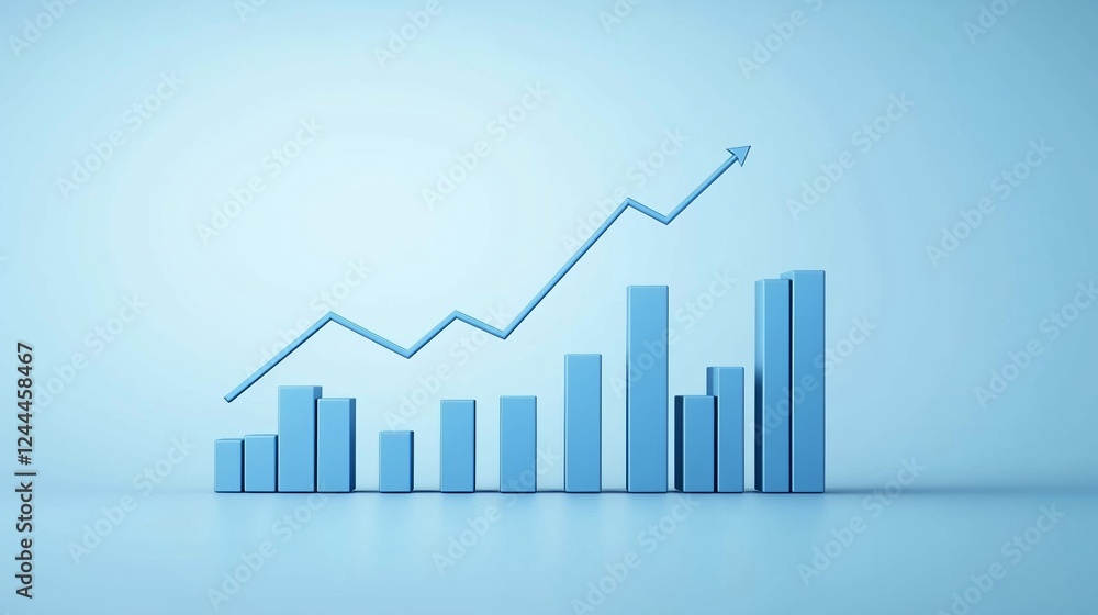 Poster widescreen abstract financial graph with uptrend line and bar chart of stock market on blue color ba