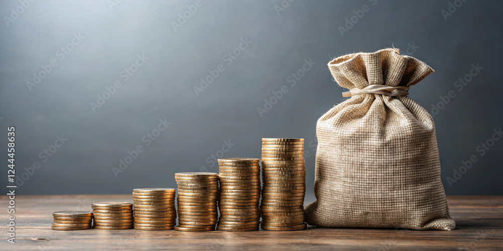Poster a collection of coins is arranged in ascending order next to a burlap sack filled with money. the se