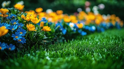 Blue and yellow flowers bloom in garden, green grass foreground, blurred background