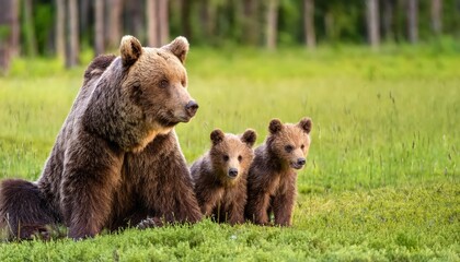Fototapeta premium Wild Encounter A Glimpse of a Mother Brown Bear and Cubs Frolicking in the Lush, Verdant Meadow, Against a Backdrop of the Crisp Winter Landscape