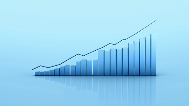 Widescreen Abstract financial graph with uptrend line and bar chart of stock market on blue color background