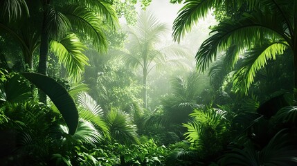 Naklejka premium Dense tropical jungle with lush palm trees and vibrant greenery.
