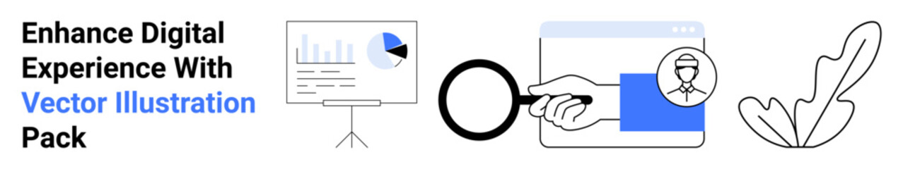 Bar graph on presentation screen, magnifying glass with website interface, user profile icon, and abstract plant design. Ideal for digital marketing, data analytics, user interface, modern business