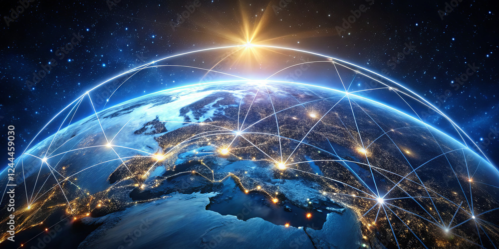 Poster a view of earth from space displays illuminated cities across various continents. bright lines repre