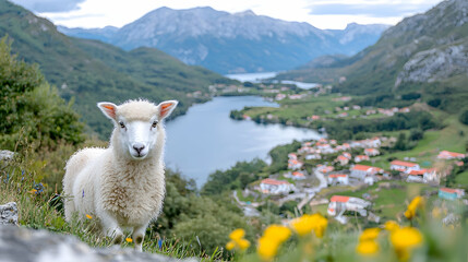 Fototapeta premium Lamb gazing at lake & village in mountains