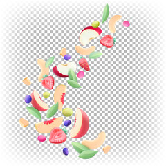 Flying fruit salad. Stylized cartoon healthy food. Vector 3D illustration