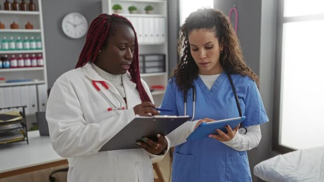 Women doctors in hospital room reviewing medical files and collaborating in healthcare setting with stethoscopes and charts indoors.