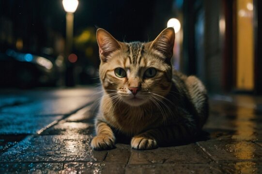 Street cat at night captured throught the lense of a high-speed DSLR camera in a action photography style on color film

