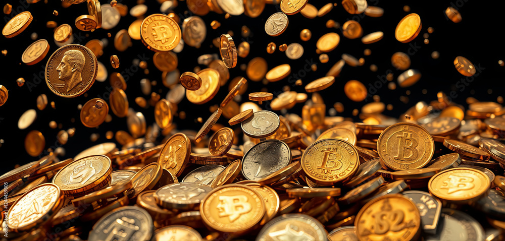Poster numerous coins in gold and silver are falling in mid-air, surrounded by a dark background. the image