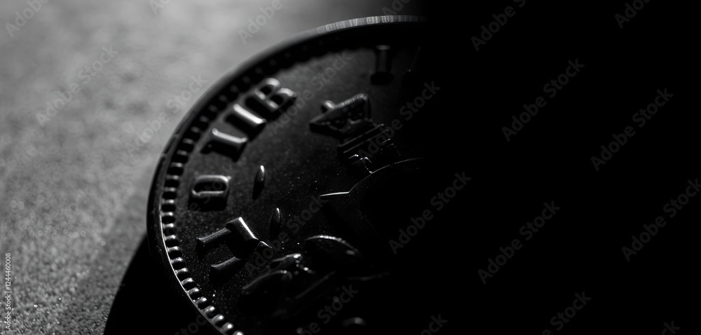 Poster a dark coin is prominently displayed, showcasing its detailed engravings and surface texture. the so