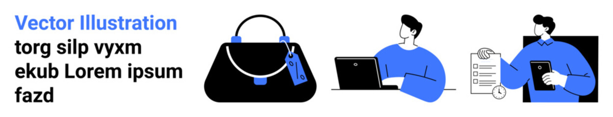 Womans handbag with tag, individual using a laptop, another holding a receipt. Ideal for e-commerce, fashion retail, online payments, digital transactions, product listings, modern buyers flat