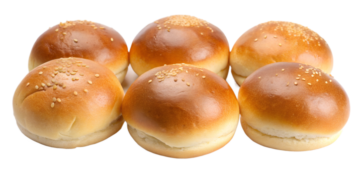 Delicious sesame-topped buns arranged neatly against a clean white backdrop ready for culinary creations Transparent PNG	
