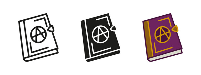 Spell book icon. Magic book vector illustration. Alchemist mystery manual symbol. Occult witchcraft fantasy book sign. Sorcerer, witch. warlock and wizard pictogram. Magician grimoire or necronomicon.