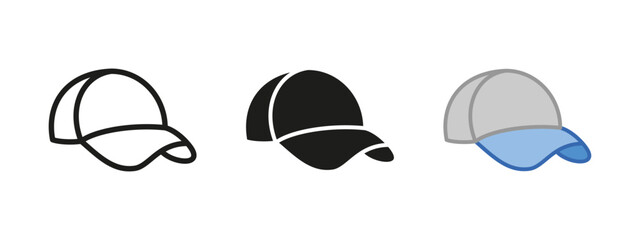 Baseball cap icon. Hat with visor peak symbol. Baseball cap vector illustration. Head clothing sign. Headwear clothes pictogram. Sport baseball cap isolated outline, black and colored blue concept.