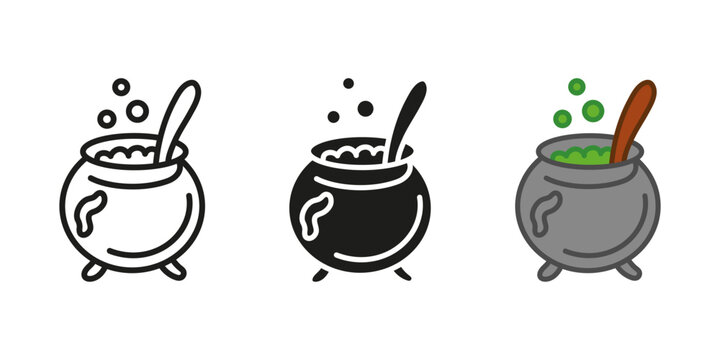 Witch cauldron icon. Cooking pot with boiling elixir vector illustration. Halloween magic kettle symbol. Witchcraft poison potion preparation sign. Vintage iron spell cauldron with bubbles pictogram.