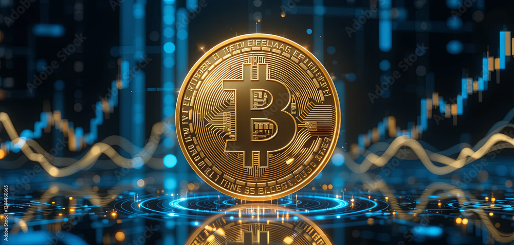 Poster a golden bitcoin symbol rises prominently against a backdrop of dynamic data visualizations illustra