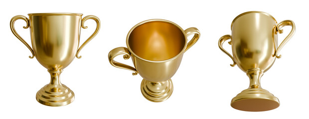 Golden trophy cup, competition, transparent background, 3D