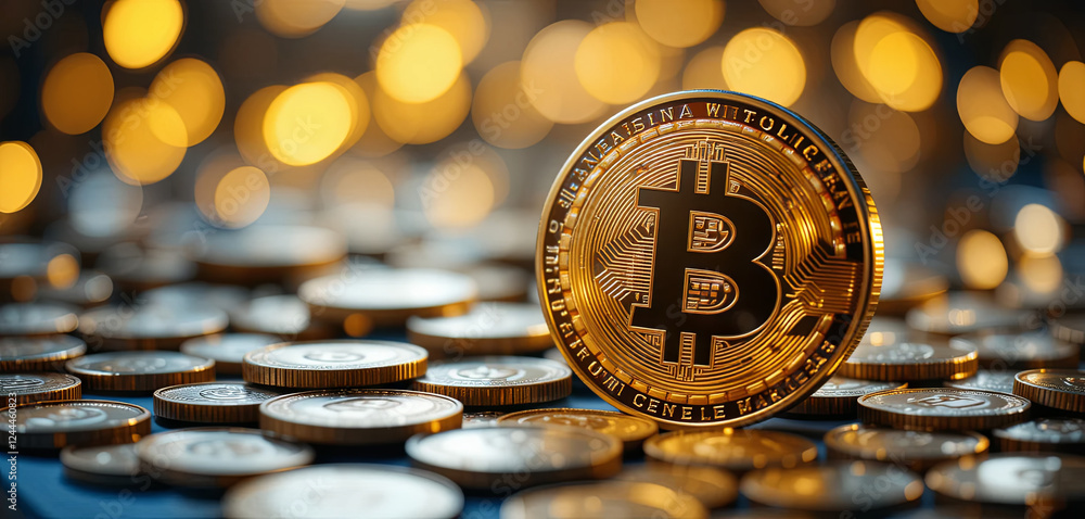 Aufkleber a shiny bitcoin coin is prominently displayed amidst a collection of golden coins, with a soft glow 