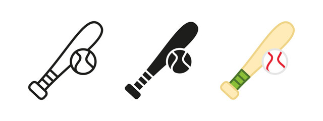 Baseball icon. Baseball bat and ball vector illustration. American national sport event symbol. Softball game sign. Pitcher pictogram. Baseball bat hit outline, line, black or colored concept isolated