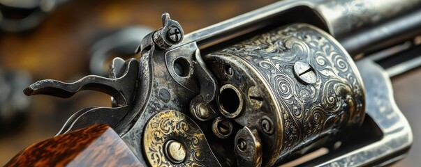 Antique revolver showcasing detailed engravings and wood