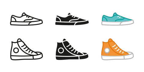 Sneaker shoes icon set. Low, mid and top sneakers vector illustration. Casual style footwear symbol. Fashionable shoe collection. Trendy and fashionable sportswear pictogram. High boots silhouette.