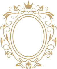 Oval frame featuring golden floral ornaments and a crown, creating a sophisticated and elegant design on a white background, offering a touch of royalty and luxury
