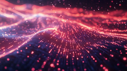 Dynamic abstract visualization of glowing red digital particles flowing in a futuristic data stream, high-tech cyber concept with a sense of motion and depth