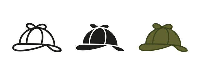 Detective hat icon. Sherlock twin visor cap vector illustration. Hunting deerstalker hat symbol. Vintage detective character twin peak cap sign. Investigation accessory pictogram isolated.