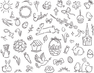 Hand drawn Easter elements for design. Set of Easter drawings and cliparts. Collection of vector illustrations isolated on white background.