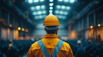 Back View of an Engineer in Safety Gear Leading a Training Session in a Conference Room