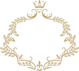 Golden frame adorned with a crown, leaves, and fleur de lis, offering an elegant and royal decoration ideal for enhancing various design projects and invitations