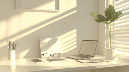 Beautiful blurred background of a modern desktop with a laptop, smartphone, headphones, notepad for working in a home office..