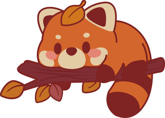 Cute Kawaii illustration of a funny cartoon red panda lying on a branch.