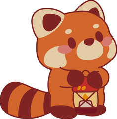 Cute Kawaii illustration of funny cartoon red panda with lantern.