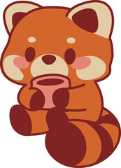 Cute Kawaii illustration of funny cartoon red panda with cup.