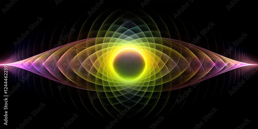 Poster colorful abstract wave patterns radiate from a central point on a black background