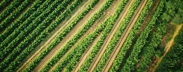 Aerial shot of lush green farm fields with neat rows.
