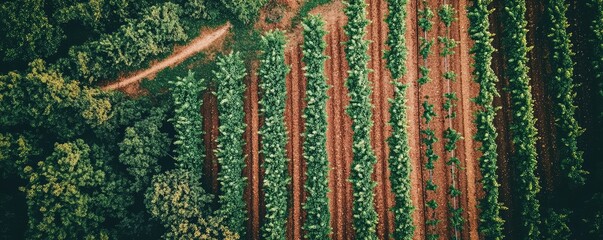 Aerial shot of lush green farm fields with neat rows.