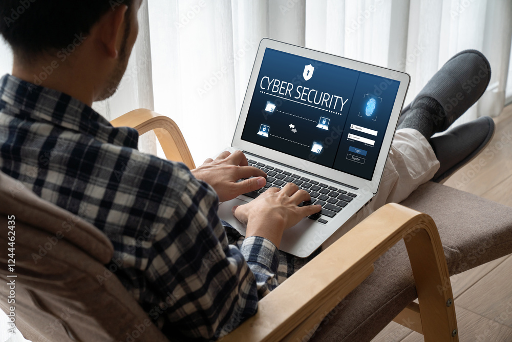 Poster cyber security system on computer screen protect private information snugly from hacker and cyber at