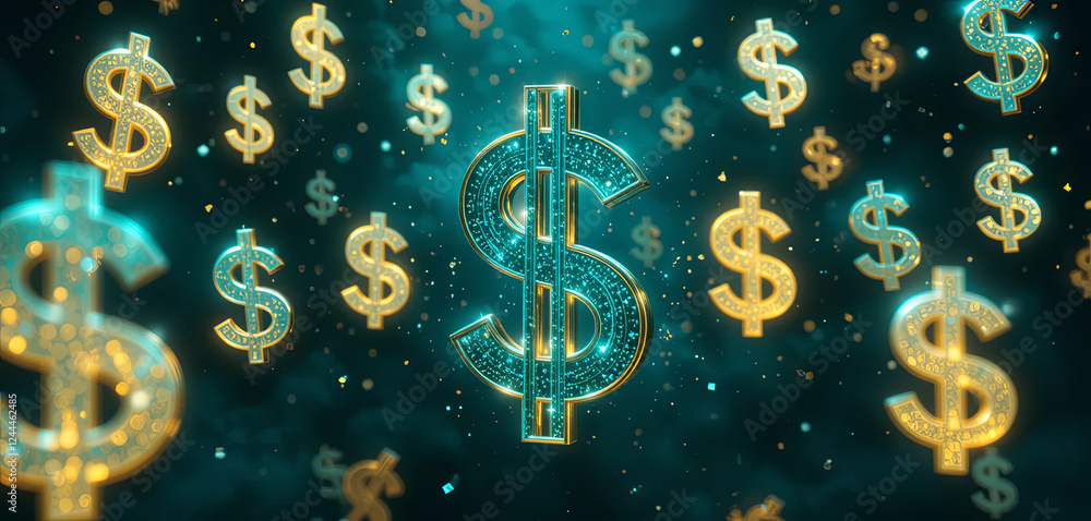 Aufkleber golden dollar signs float in a dynamic and colorful atmosphere, symbolizing wealth and abundance in 
