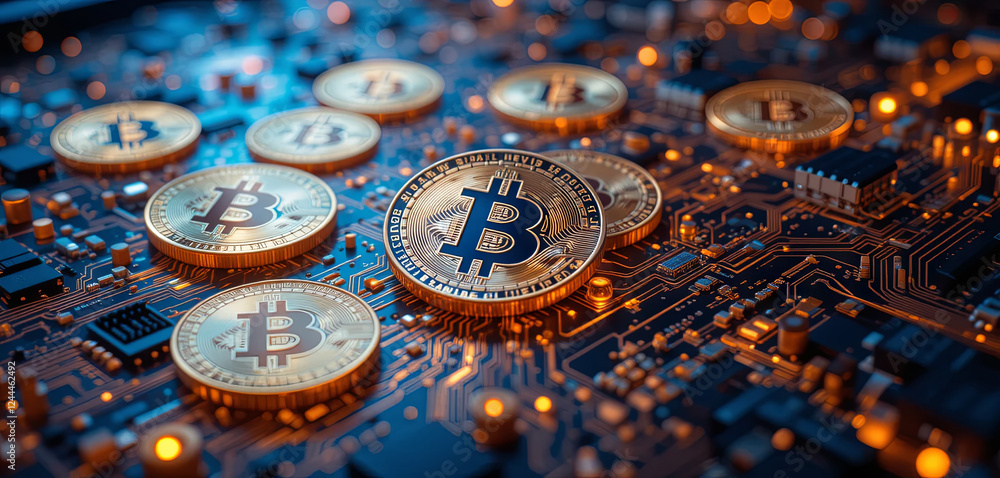 Poster bitcoin coins are arranged on a detailed circuit board, highlighting the intersection of digital cur