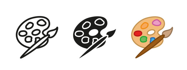 Color palette icon. Brush and paint palette vector illustration. Drawing and painting symbol. Art sign. Creative concept. Watercolor, gouache paintbrush pictogram outline, black and colored isolated.