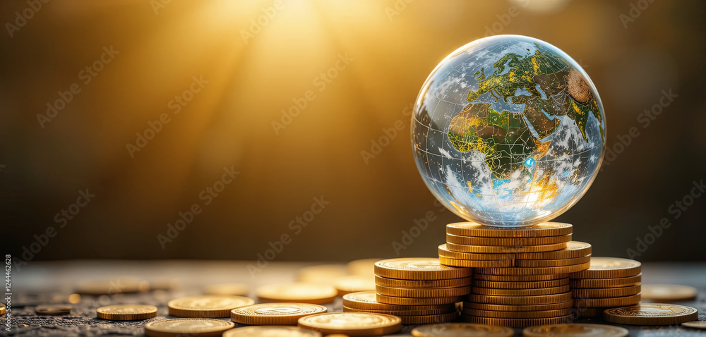 Poster a globe displaying continents sits atop a pile of coins, symbolizing the connection between global e