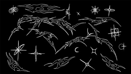 Neo tribal element, cyber gothic abstract black and white pattern, cyber sigilism hand drawn vector design isolated