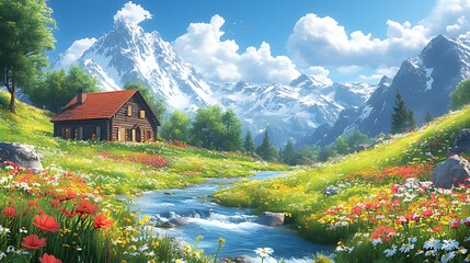 Naklejka premium Mountain chalet, spring meadow, stream, idyllic landscape, travel brochure