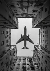 Airplane flying between skyscrapers in the city