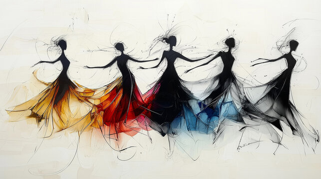 Joyful abstract dancers engage in an uplifting and colorful dance