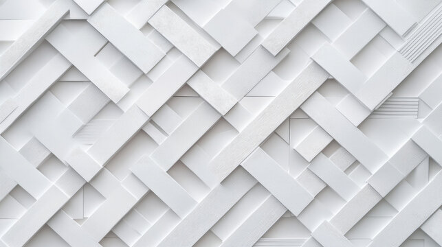 A high-resolution seamless pattern of geometric 3D wall paneling in crisp white, creating a sophisticated and minimalist backdrop